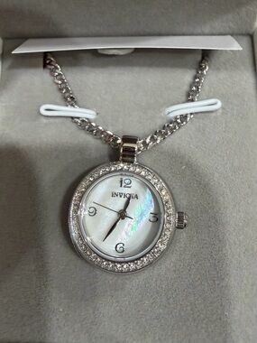 Invicta Silver-tone Mother of Pearl Crystal Pendant Necklace